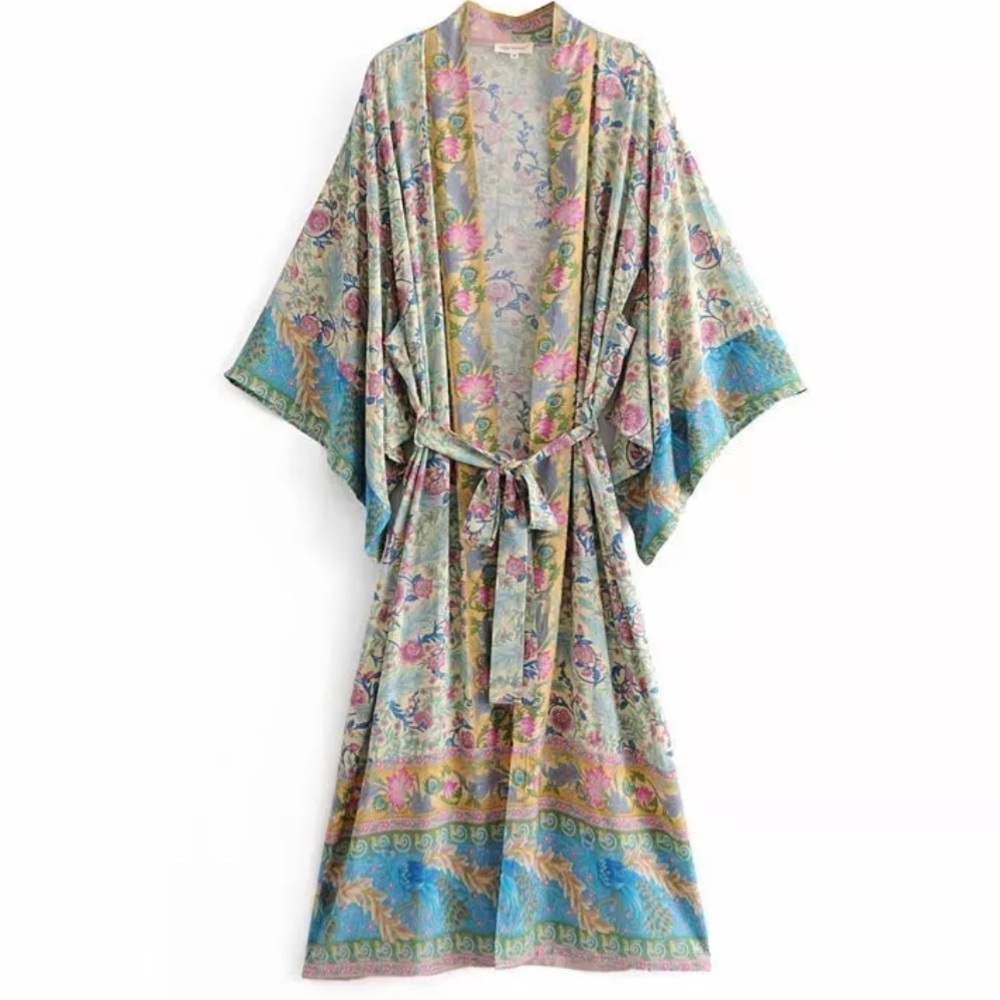 Boho Gypsy Oasis Peacock Floral Tunic Kimono Dress Cardigan free spirit sash